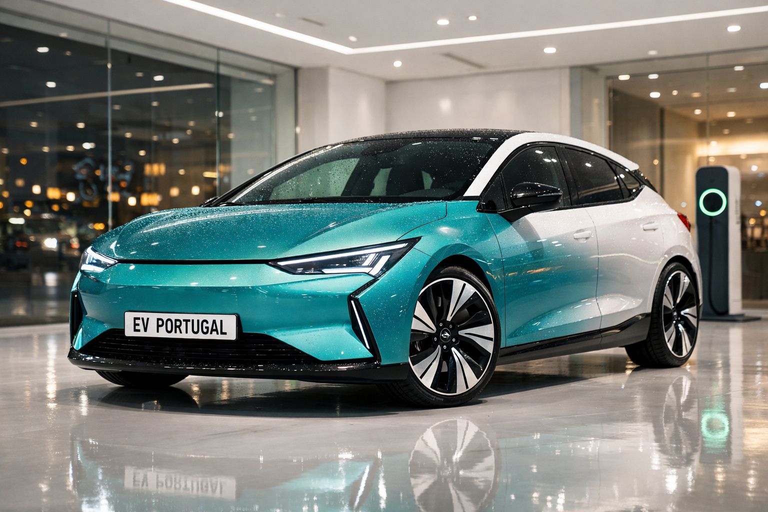 Carro elétrico moderno azul e branco estacionado no interior junto a posto de carregamento em Portugal.