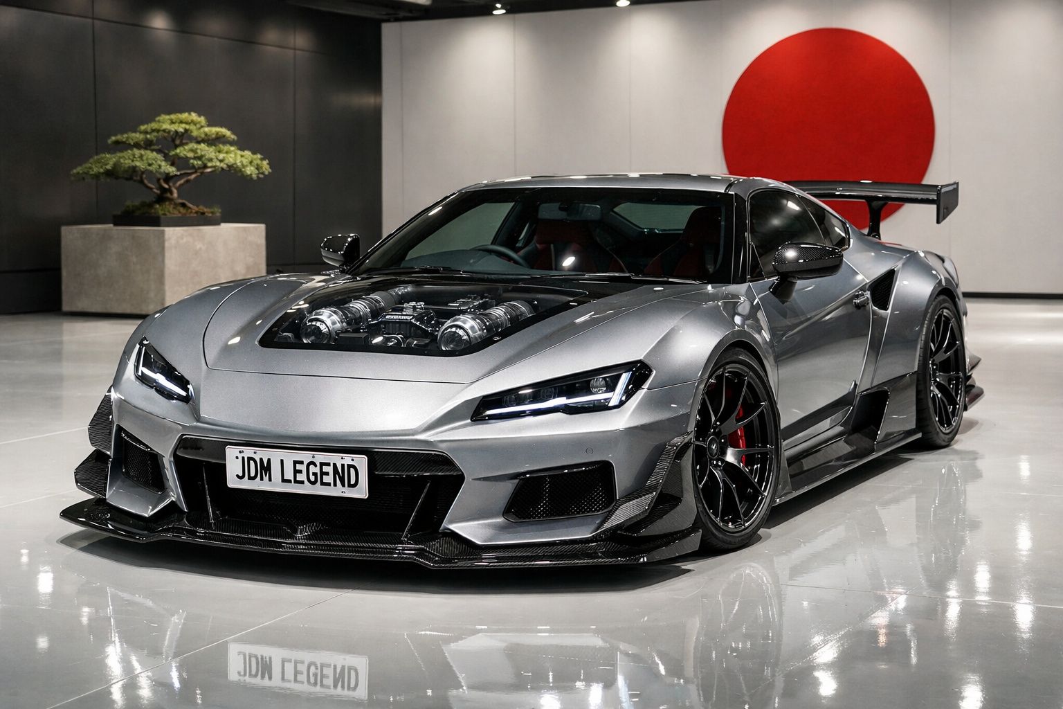 Carro desportivo cinzento com motor visível no capô, roda preta e asa traseira, em ambiente moderno com planta.