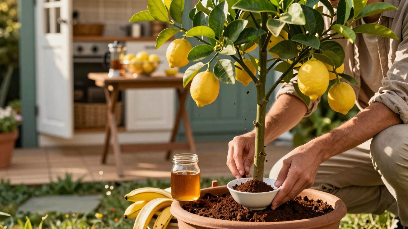 Pessoa a cuidar de um limoeiro em vaso num jardim com potes de mel e bananas ao lado.