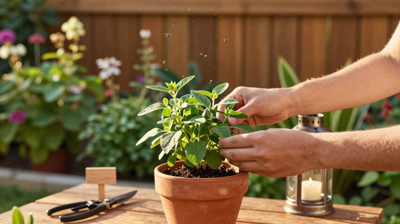 Mãos a cuidar de planta verde num vaso de barro sobre mesa com tesoura e lanterna de vela.