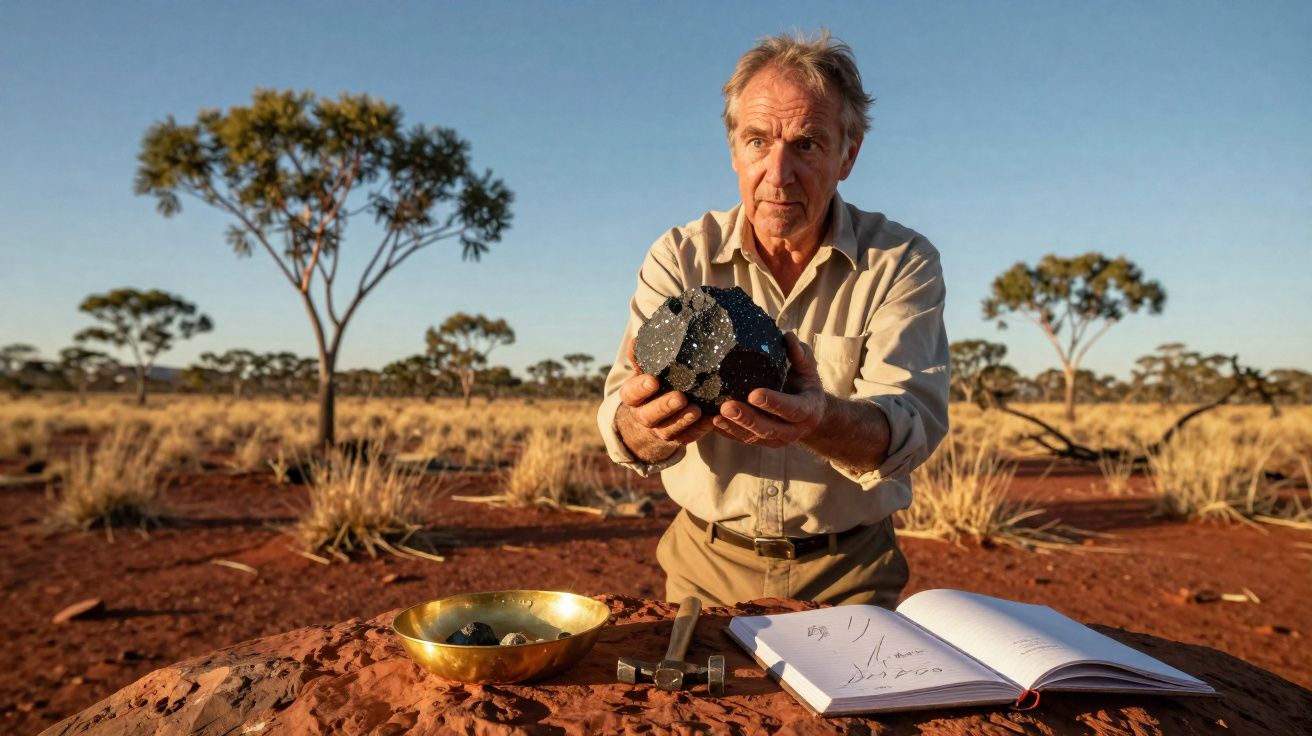 Homem idoso segura meteorito negro numa paisagem árida com árvores e céu limpo, ao lado de caderno e ferramentas.
