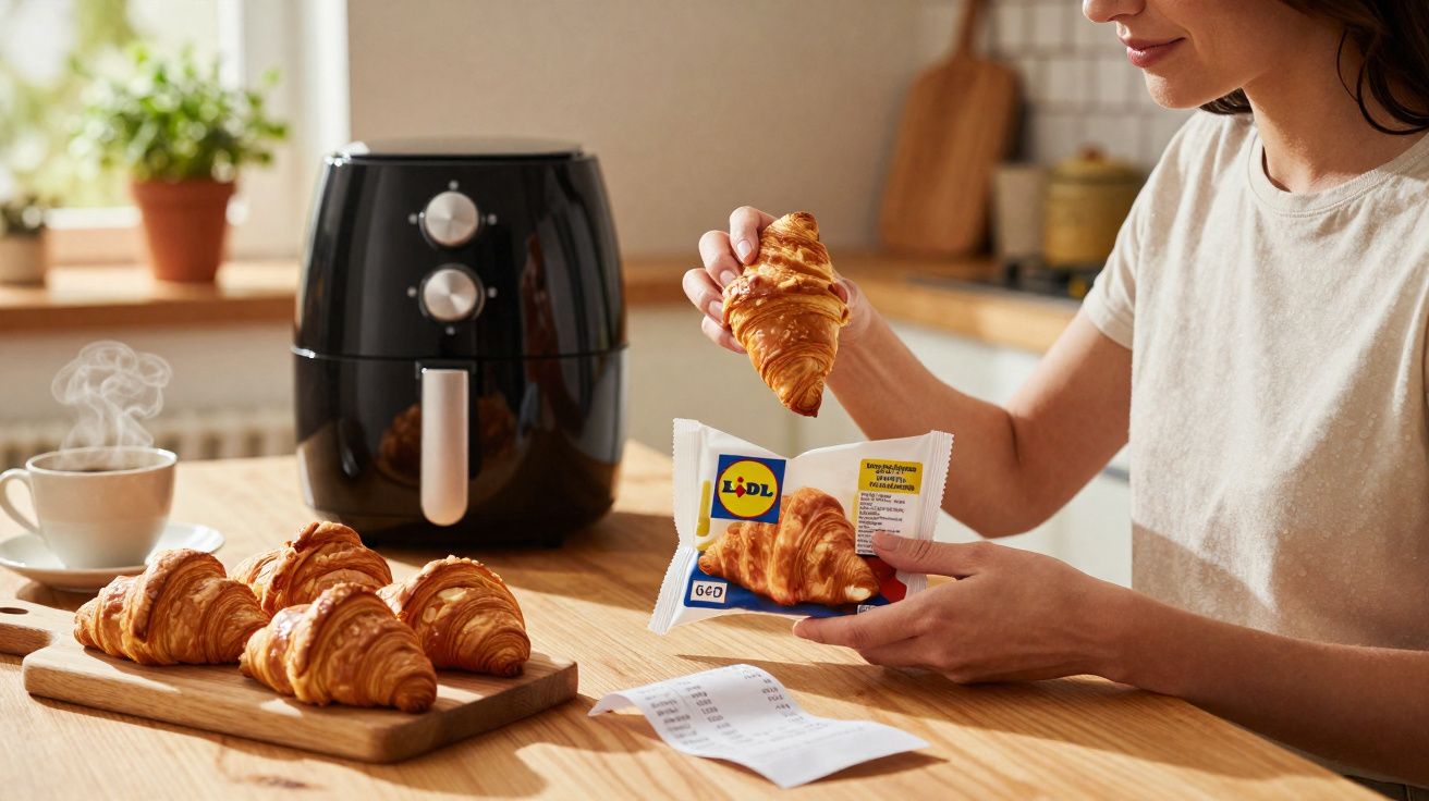 Pessoa a segurar um croissant Lidl junto a uma air fryer, croissants numa tábua e uma chávena de chá na mesa.