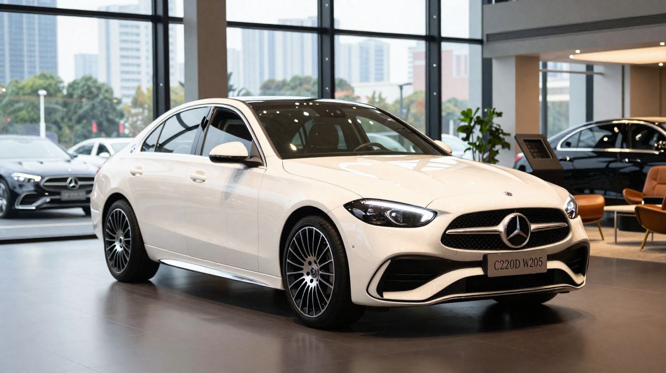 Automóvel Mercedes-Benz branco modelo C220D W205 em exposição numa concessionária moderna.