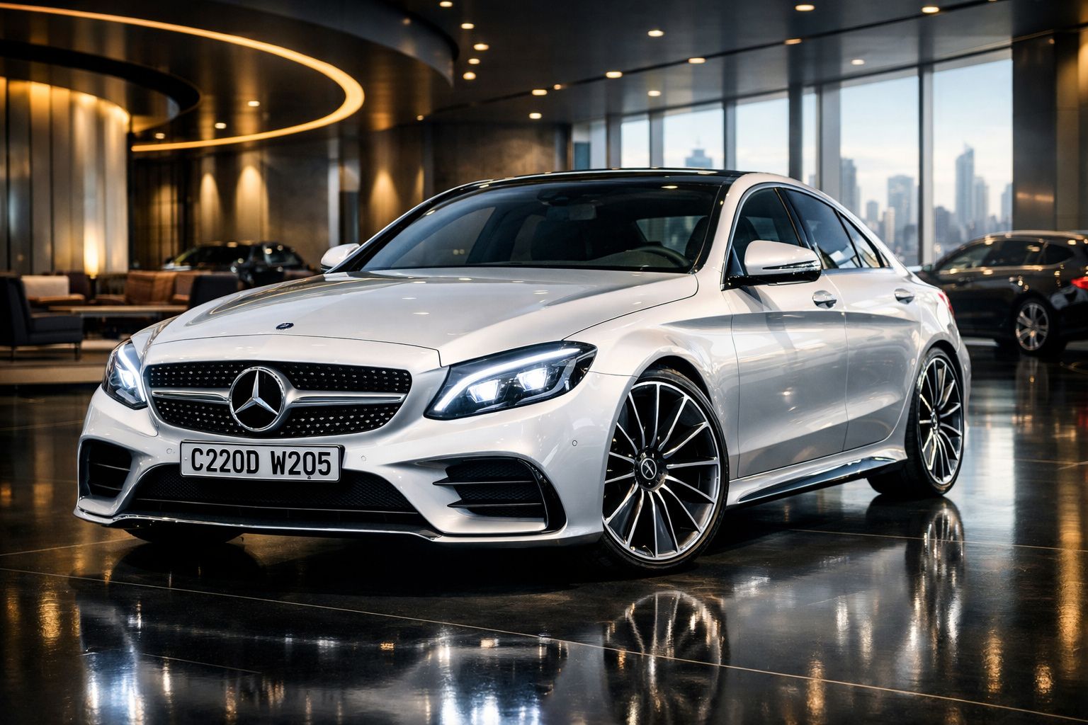 Mercedes-Benz prata estacionado em interior moderno com piso refletor e iluminação ambiente.