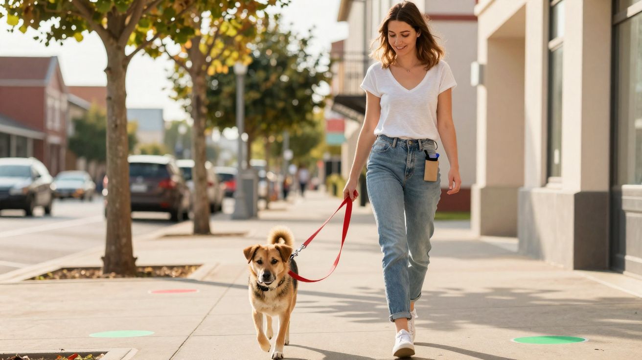 Mulher sorridente a passear um cão com trela vermelha numa calçada urbana ensolarada.