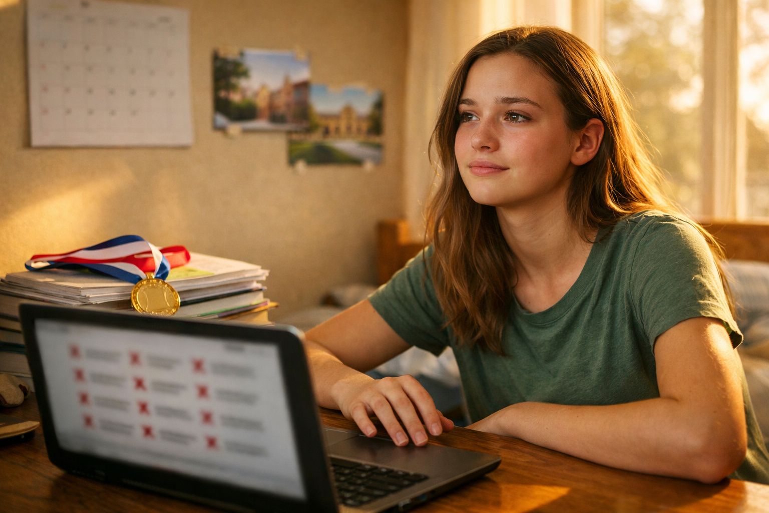 Jovem sentada a estudar com medalha de ouro em cima de livros no quarto iluminado pelo sol.