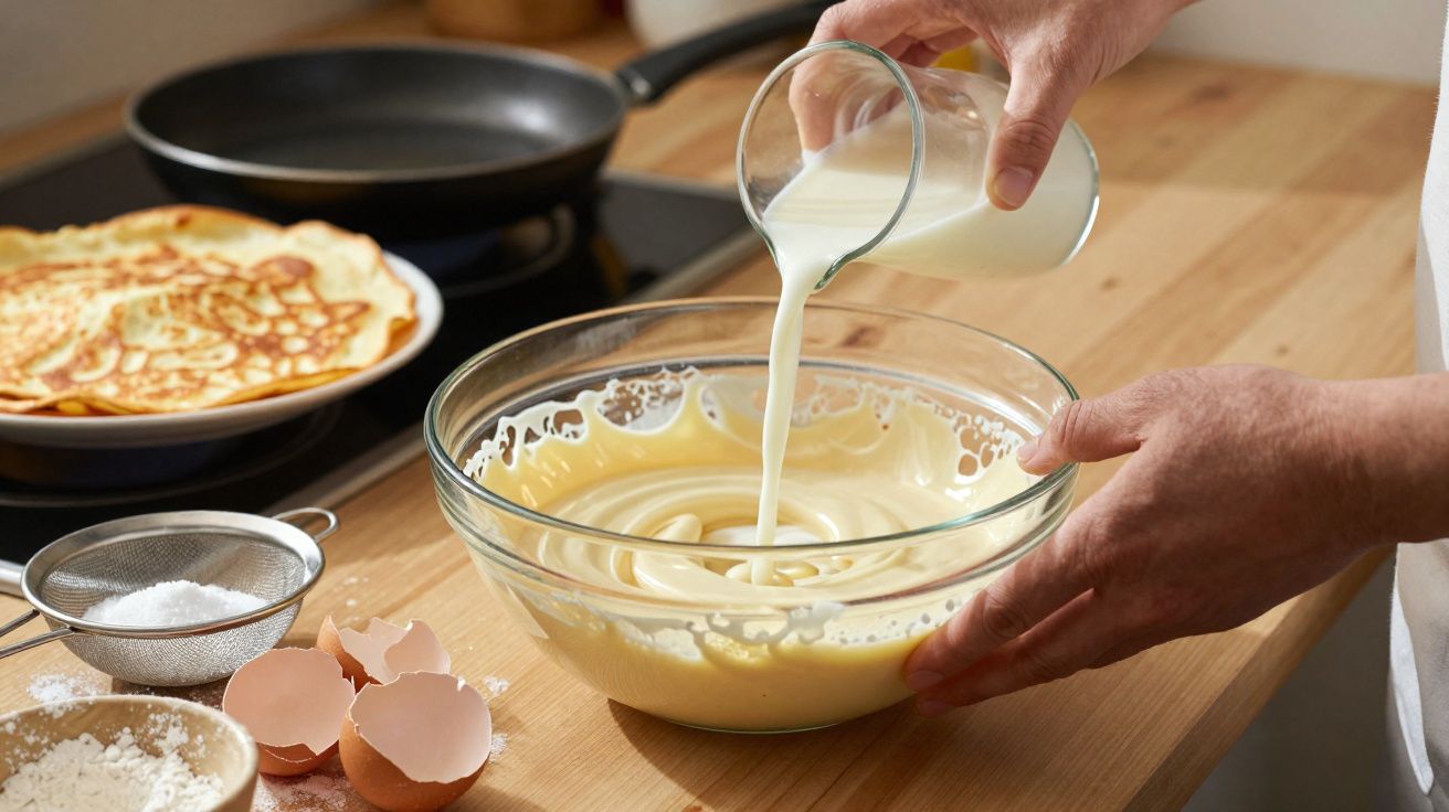 Pessoa a preparar massa de panquecas, a verter leite numa taça com ingredientes e panquecas ao fundo.
