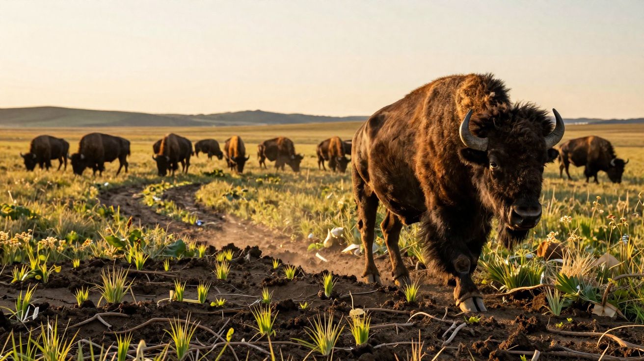 Manada de bisontes a caminhar numa planície com vegetação sob luz de fim de tarde.