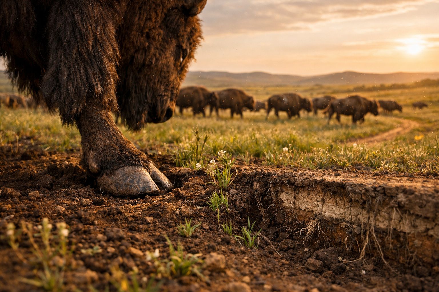 Pé de bisão na relva ao pôr do sol com rebanho de bisões desfocado ao fundo numa planície.