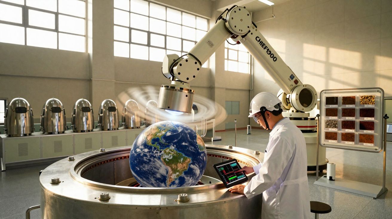 Cientista em laboratório com robô investigando modelo do planeta Terra em ambiente tecnológico.