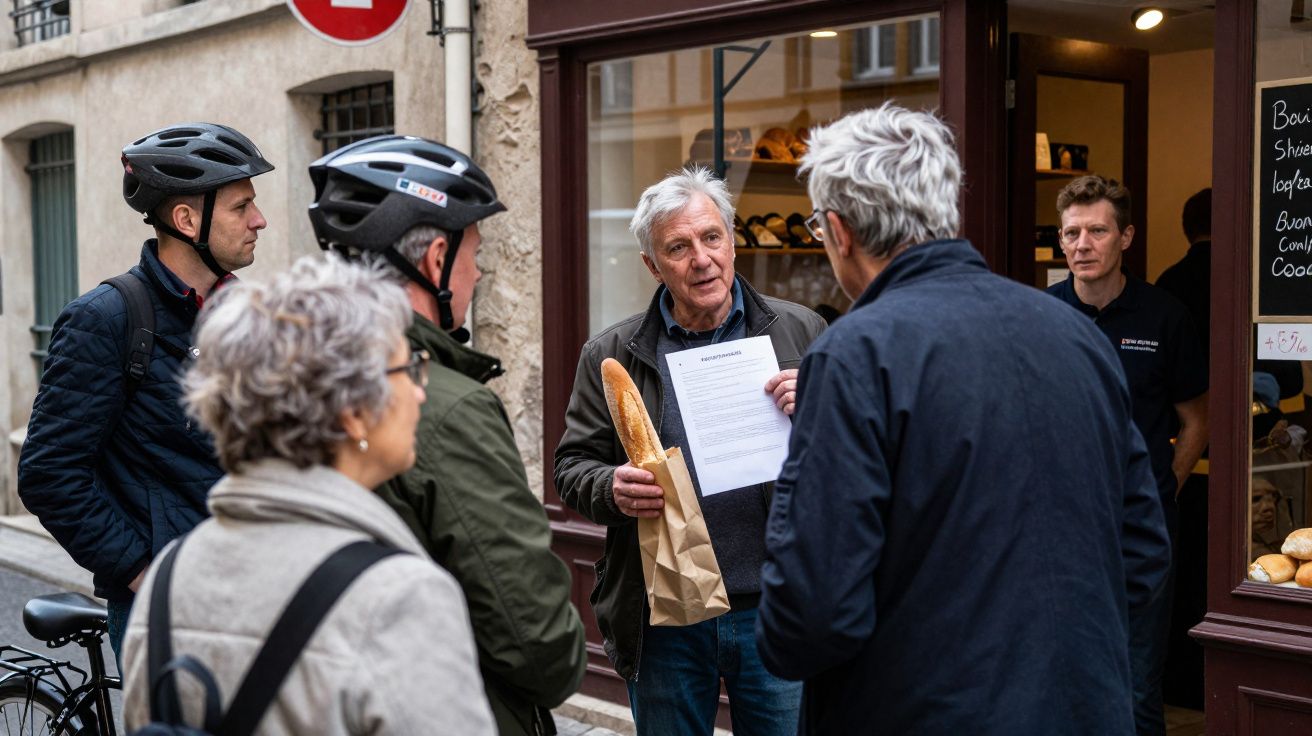 Homem idoso com pão e papel a falar com grupo diante de padaria numa rua estreita.