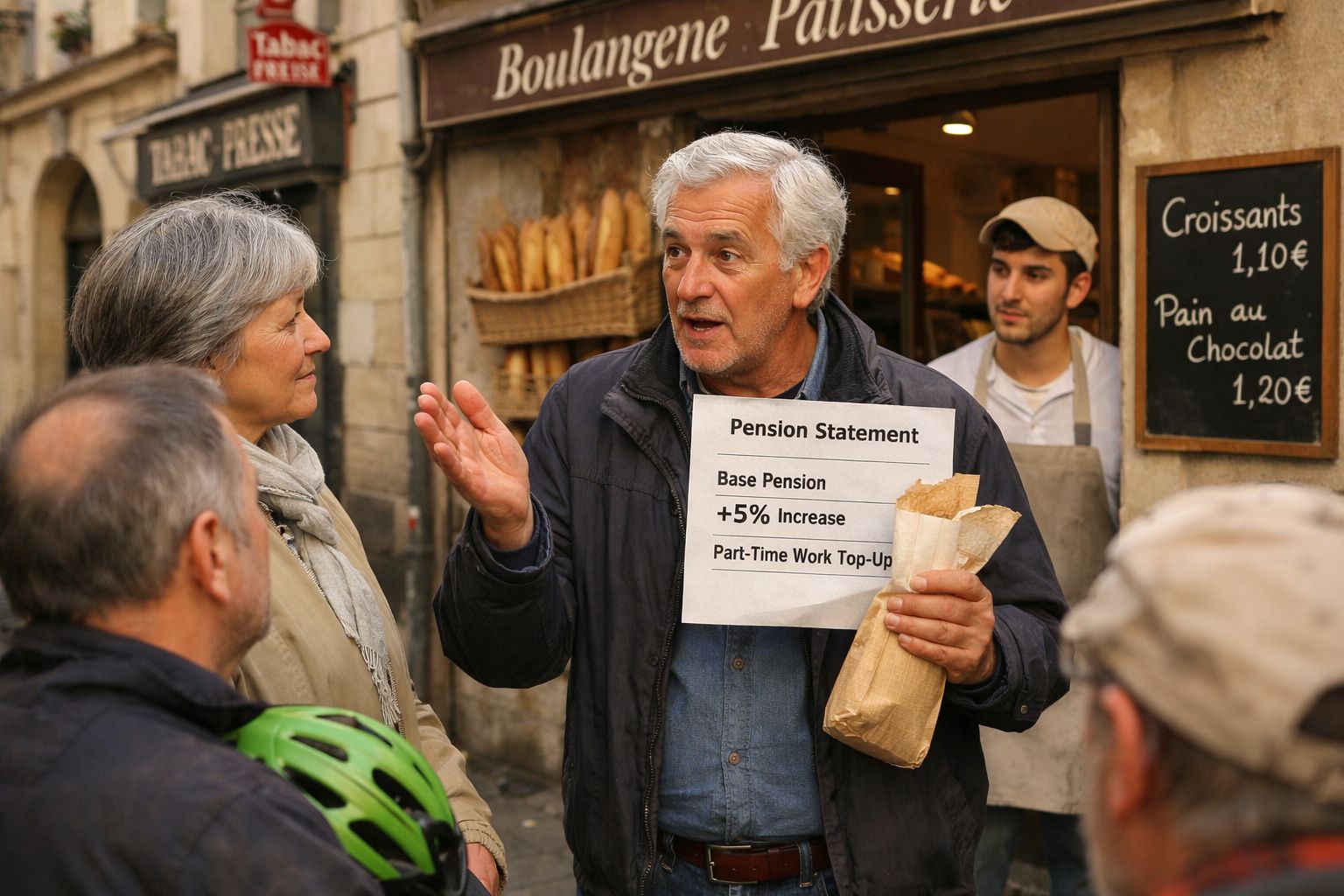 Homem idoso segurando papel sobre pensão enquanto conversa com outras pessoas em frente a uma padaria.