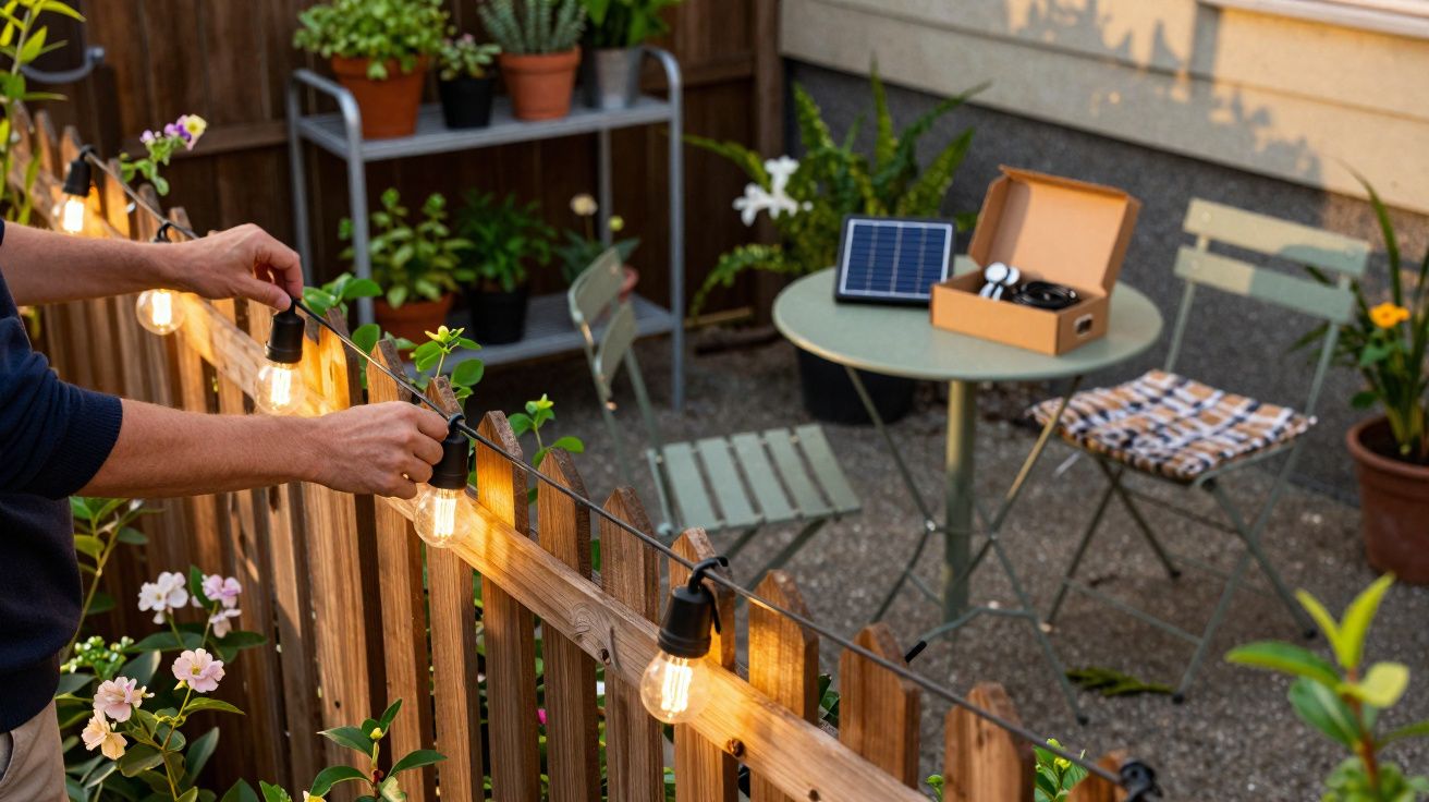 Pessoa a colocar luzes decorativas numa cerca de madeira num jardim com plantas e mesa de exterior.