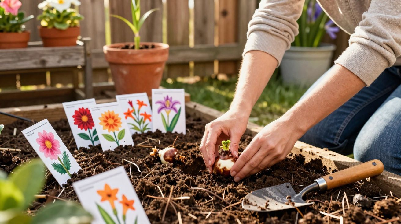 Pessoa a plantar bolbos de flores num canteiro com etiquetas ilustrativas de flores.