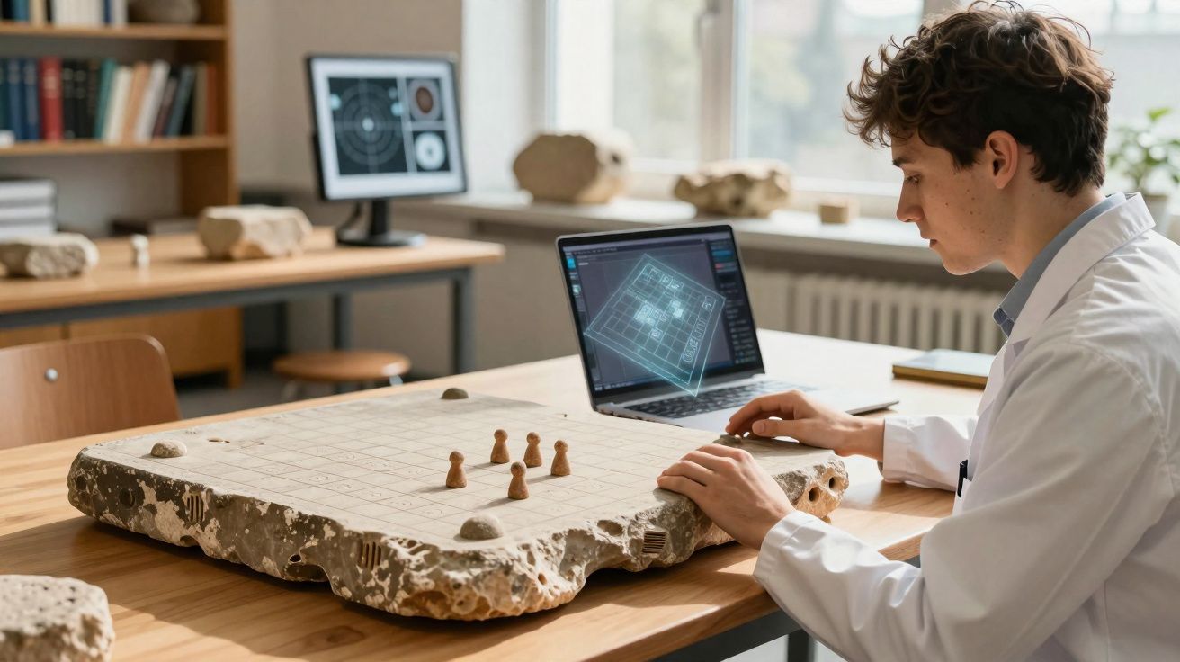 Homem jovem em bata branca analisa tabuleiro antigo com peças e computador portátil num laboratório.