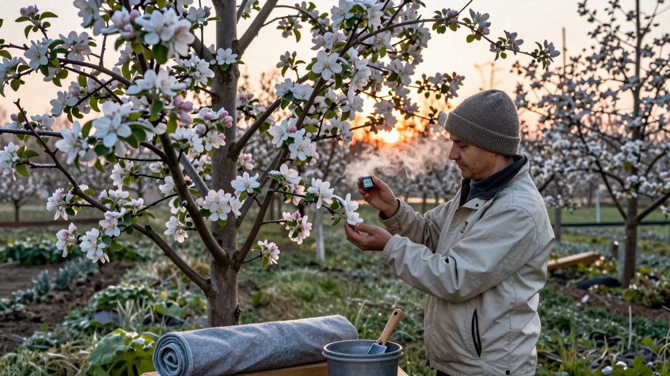 Homem a medir a temperatura de flores brancas numa árvore num pomar ao pôr do sol.