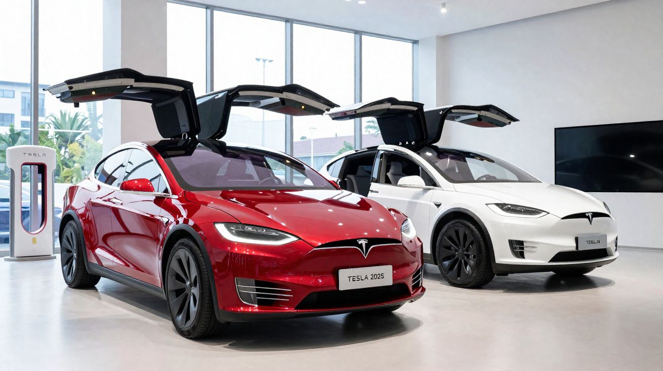 Dois carros Tesla modelo X 2023, vermelho e branco, com portas abertas no showroom.