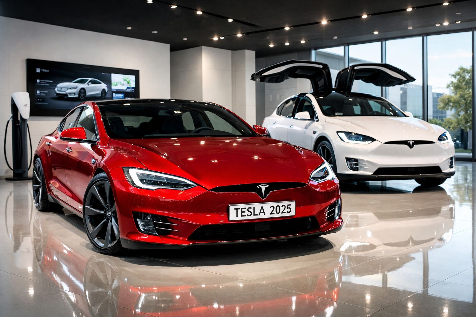 Dois carros elétricos Tesla em exposição, um vermelho à frente e um branco com portas em asa de gaivota ao fundo.
