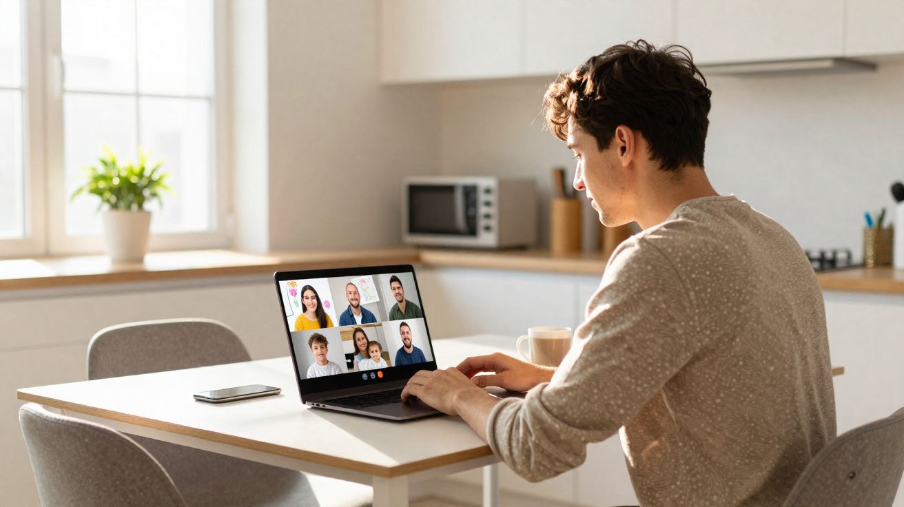 Homem sentado à mesa em cozinha moderna participa em videochamada no portátil com seis pessoas visíveis na ecrã.