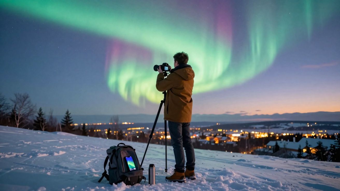 Pessoa a fotografar a aurora boreal com tripé numa paisagem nevada ao entardecer.