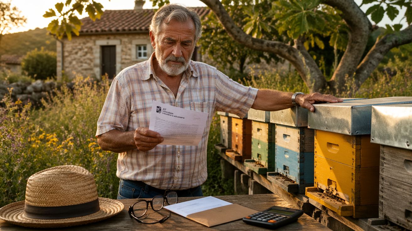 Idoso a ler documentos junto a colmeias coloridas num jardim ao entardecer, com chapéu e calculadora na mesa.