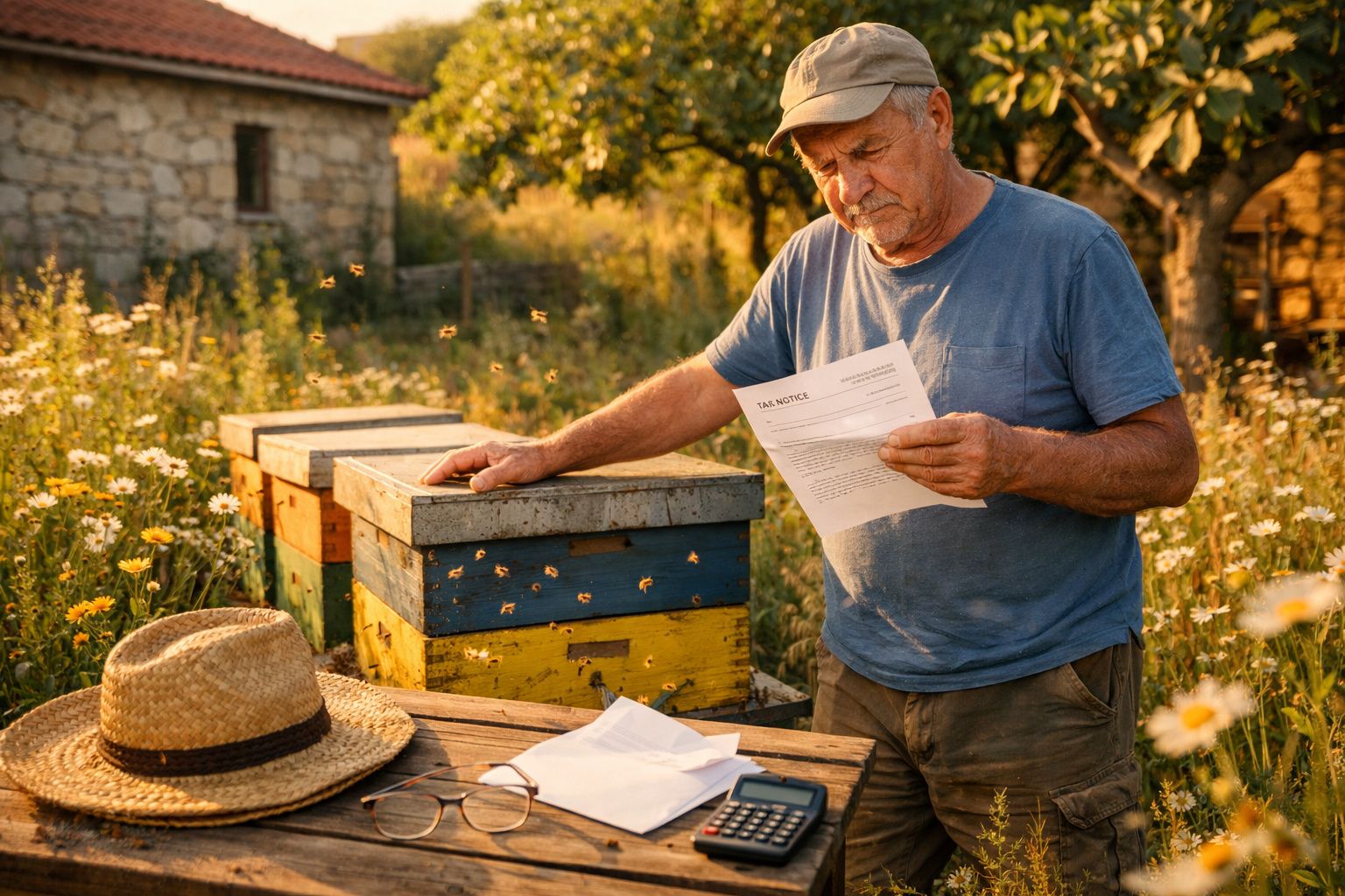 Homem junto a colmeias de abelhas lê documento num campo florido ao pôr do sol.