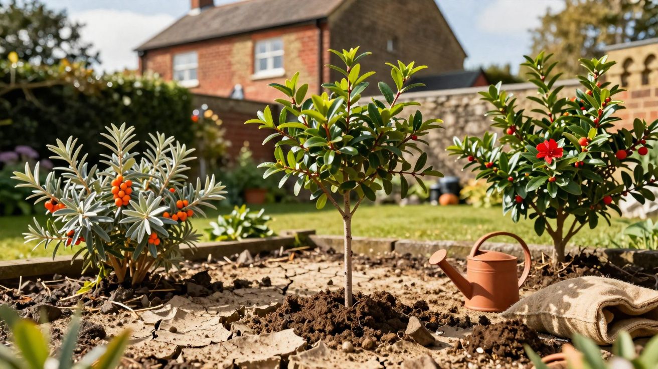 Jardim com três plantas, regador vermelho e casa ao fundo num dia soalheiro.