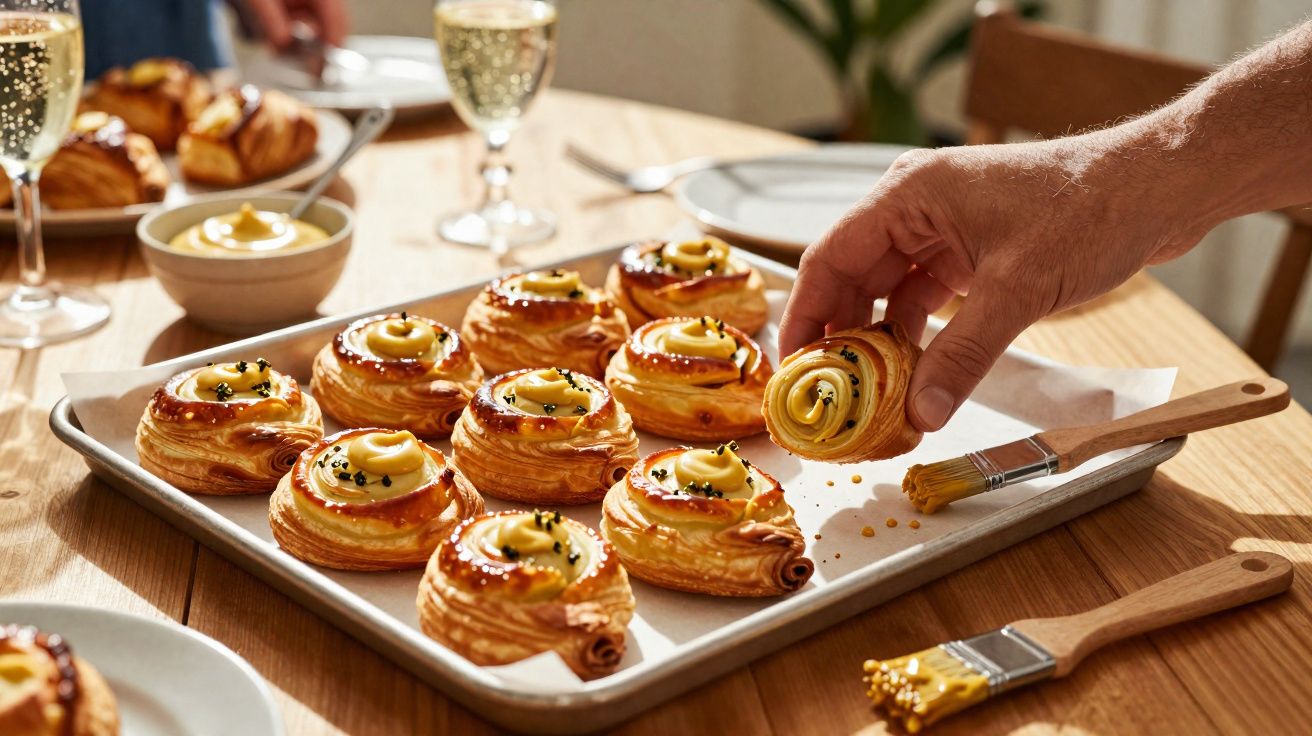 Tabuleiro com folhados recheados, decorados com molho amarelo e sementes, numa mesa com copos de vinho.