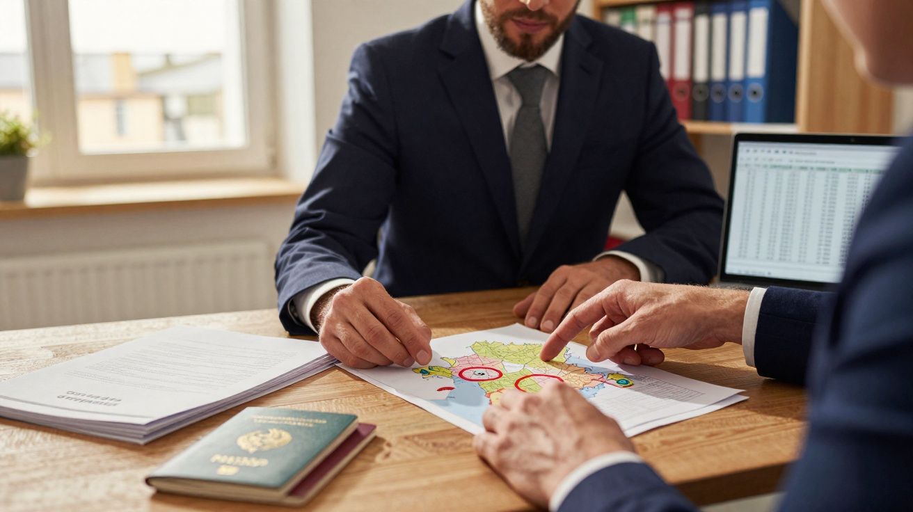 Duas pessoas em fato analisam documento com mapas marcados à mesa com passaportes e computador.