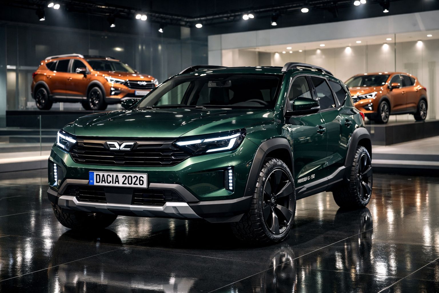 Carro SUV verde escuro Dacia 2026 em exposição num salão com dois carros laranja ao fundo.