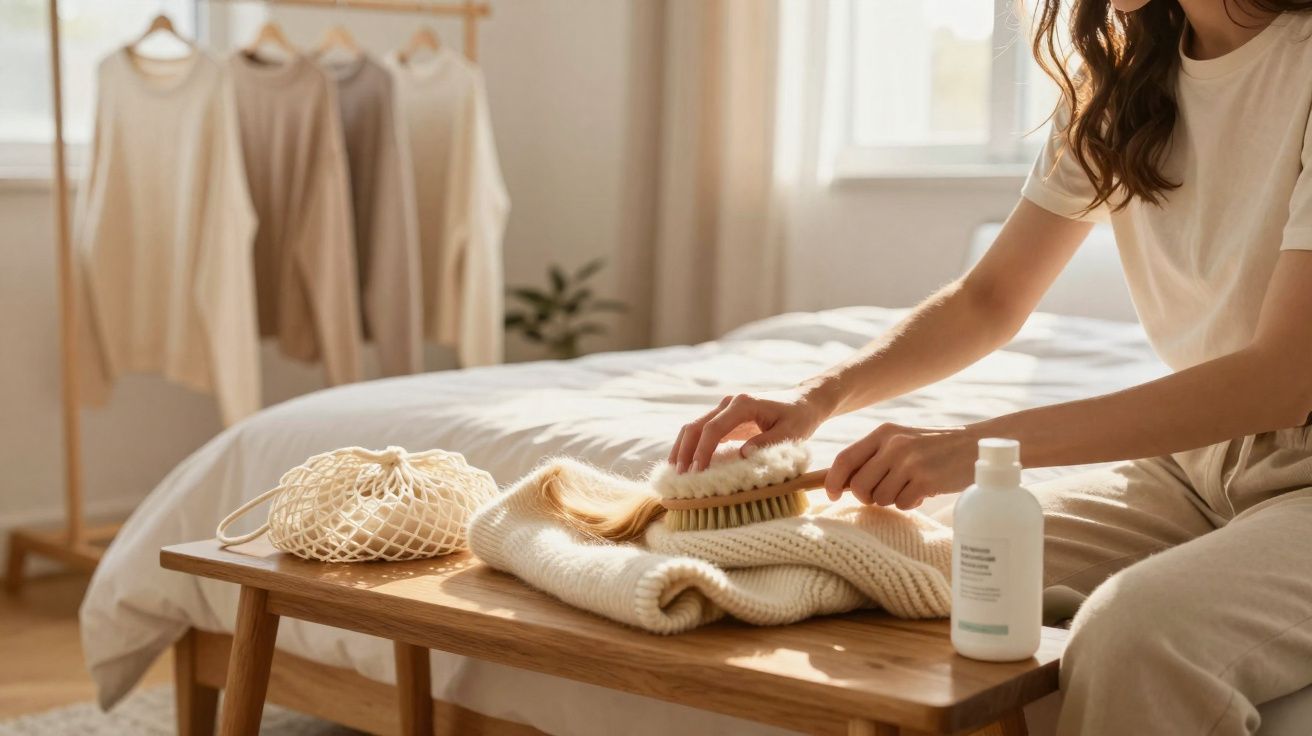 Mulher a limpar suéter branco com escova sobre banco de madeira num quarto iluminado.
