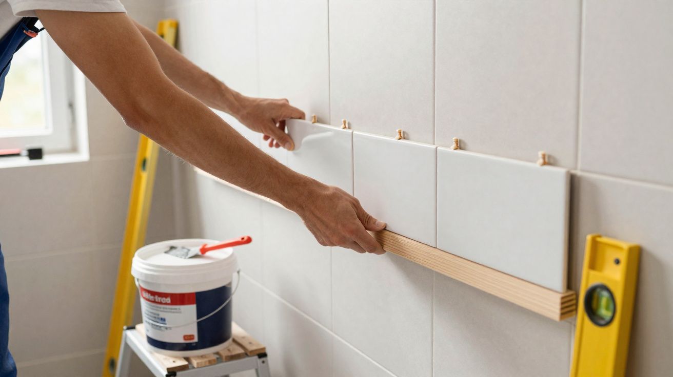 Pessoa a instalar azulejos brancos numa parede interior com ferramentas de construção.