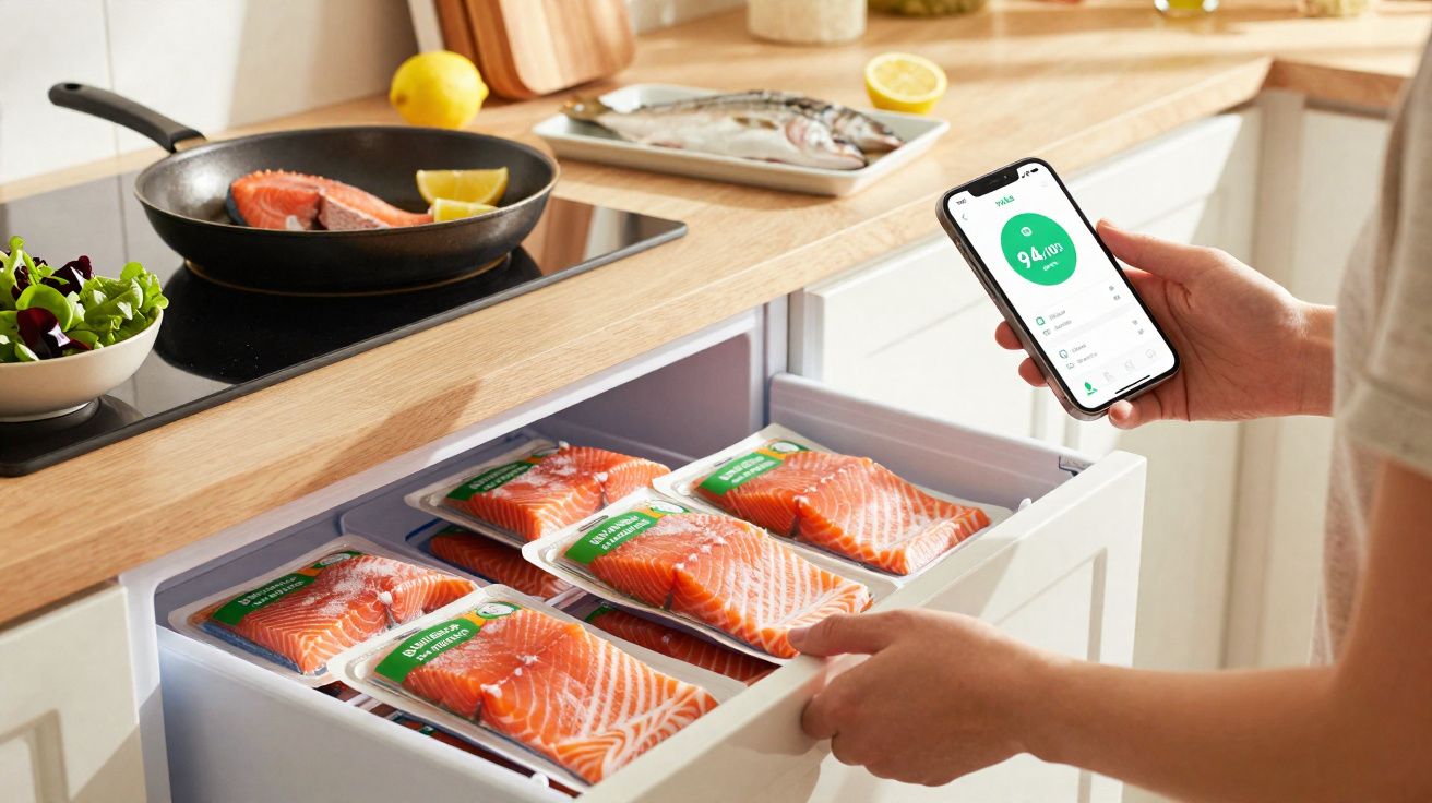 Pessoa a usar smartphone para controlar frescura de salmão embalado numa gaveta fria de cozinha moderna.