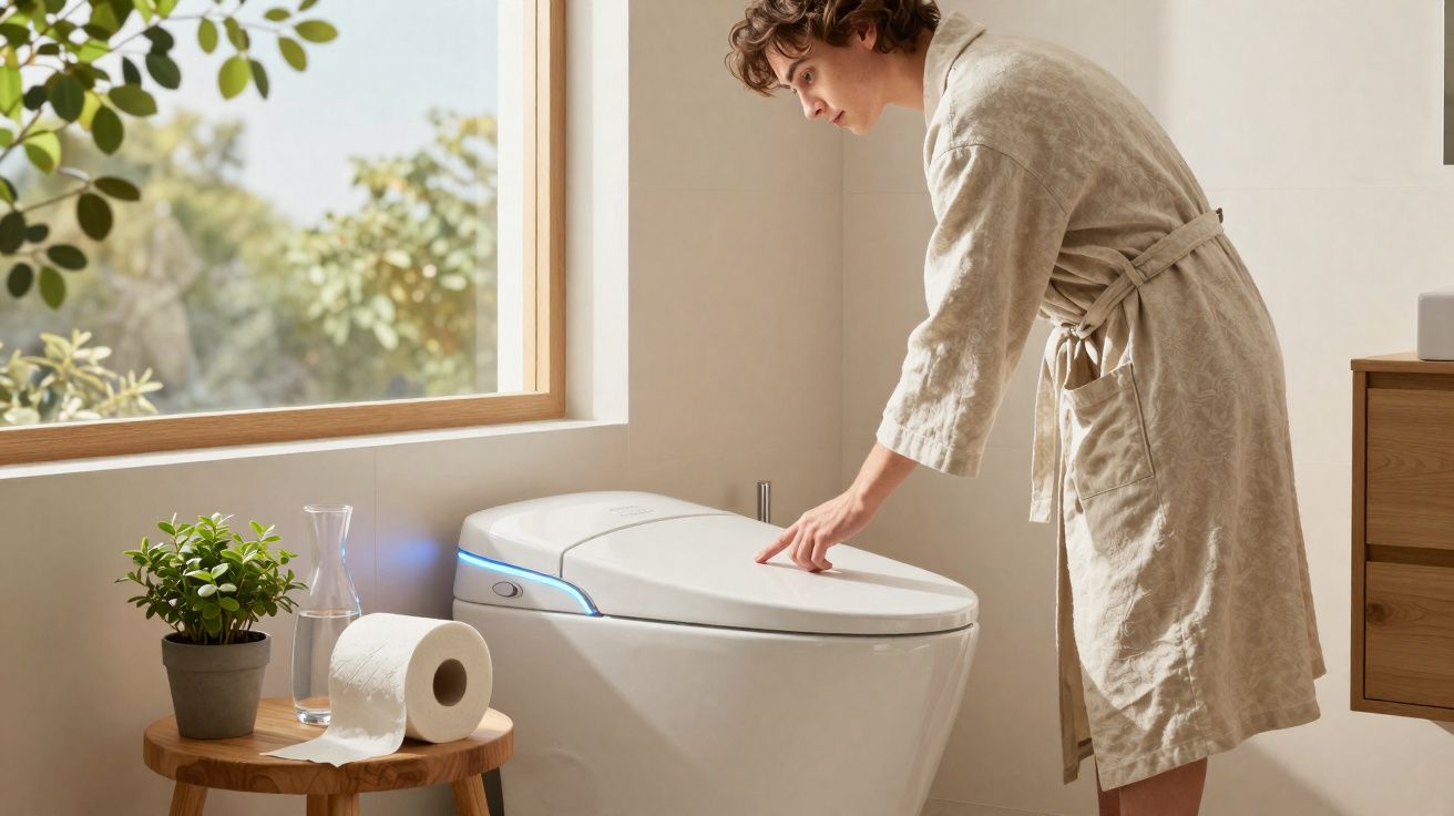 Pessoa em robe a pressionar tampa de sanita automática numa casa de banho moderna e iluminada.