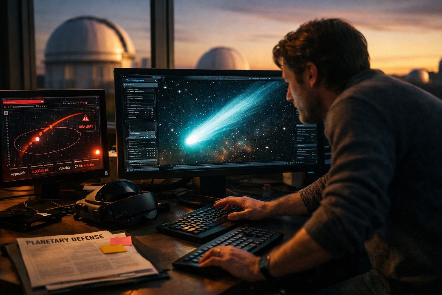 Homem a analisar dados de um cometa em dois ecrãs num escritório de astronomia ao pôr do sol.