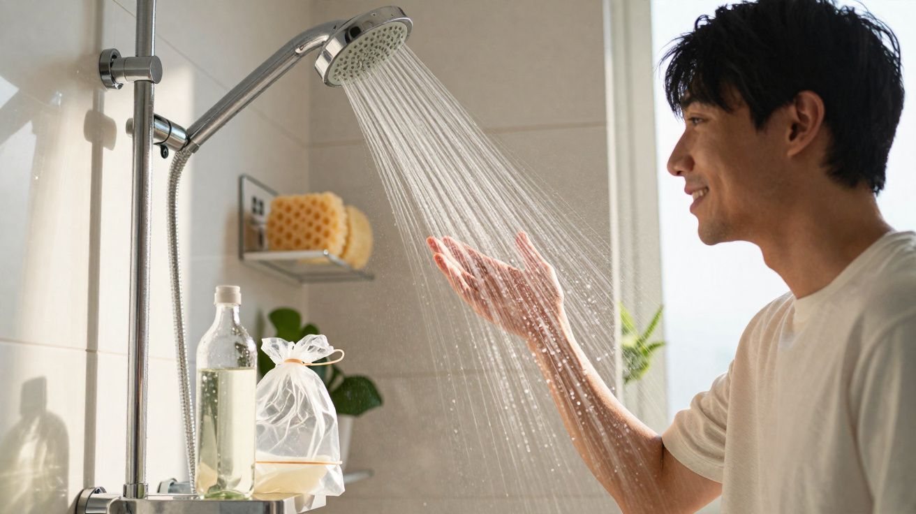 Homem sorridente verifica água da cabeça de chuveiro em casa de banho moderna iluminada.