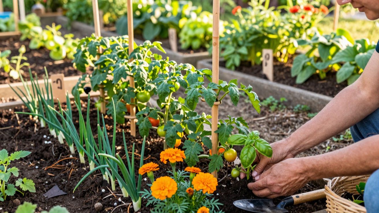 Pessoa a cuidar de plantas num canteiro com tomates, flores e ervas aromáticas, em ambiente de jardim.