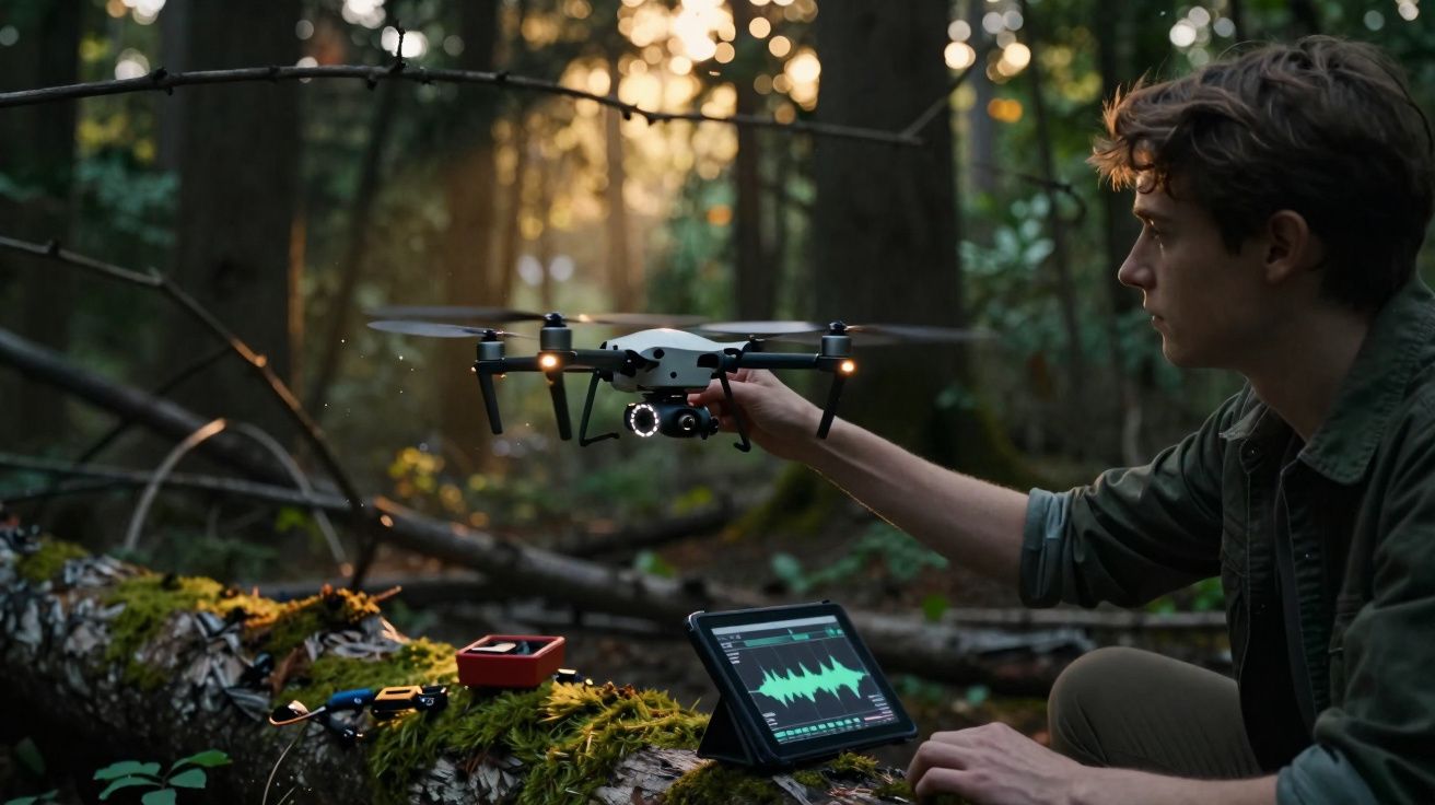 Homem ajusta drone num bosque com equipamento tecnológico sobre tronco coberto de musgo.