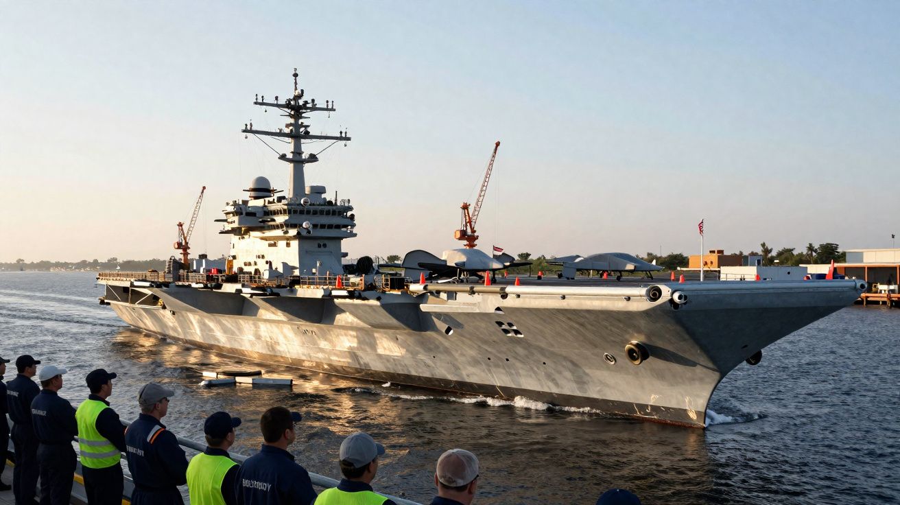 Porta-aviões militar cinzento em águas calmas com várias pessoas a observar desde a margem.