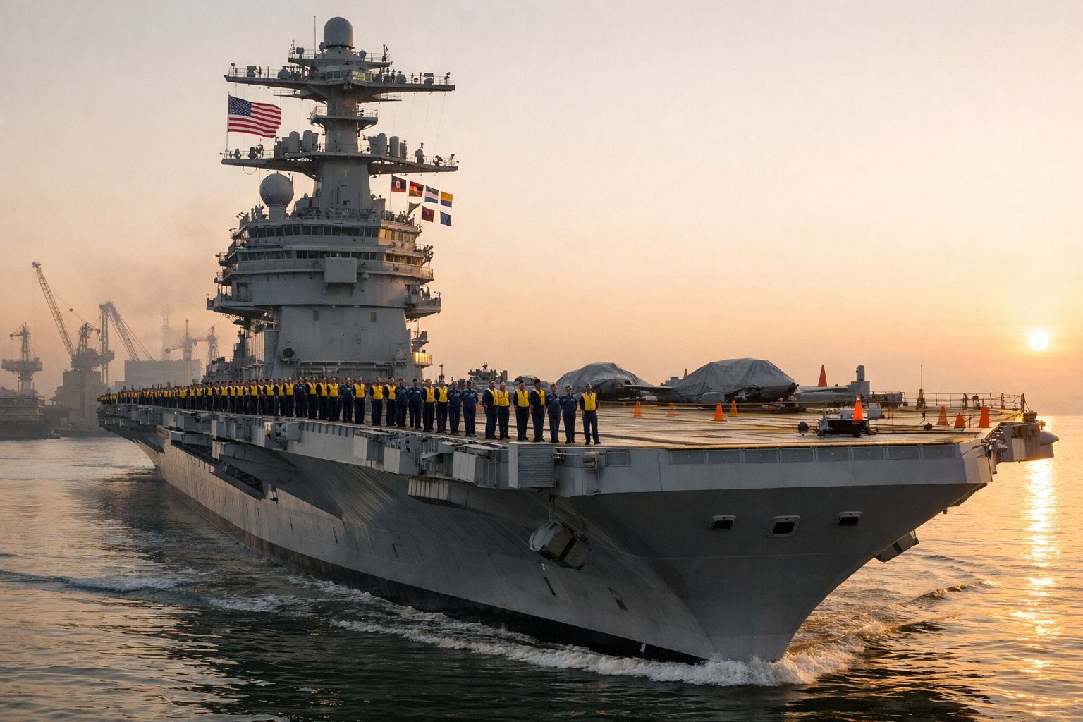 Porta-aviões militar com tripulação alinhada no convés ao pôr do sol, numa baía industrial.