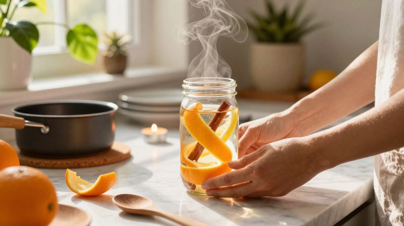 Mãos seguram frasco com infusão quente de casca de laranja e pau de canela numa cozinha iluminada.