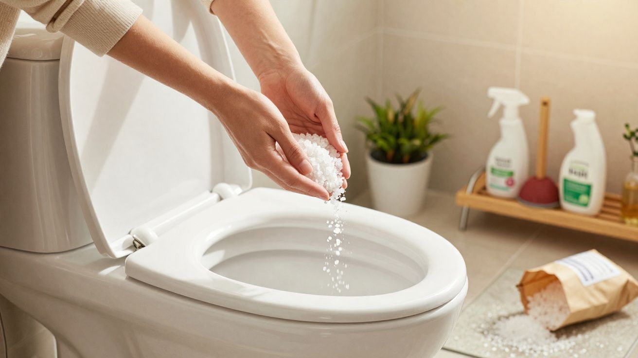 Mãos a deitar cristais de limpeza para sanita branca num casa de banho com produtos de limpeza ao fundo.