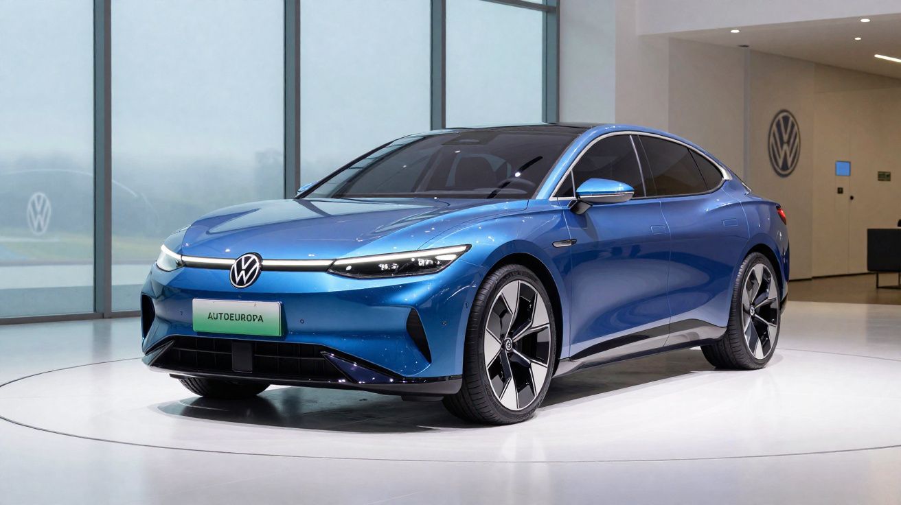 Carro elétrico Volkswagen azul exposto em salão moderno com iluminação natural e paredes brancas.