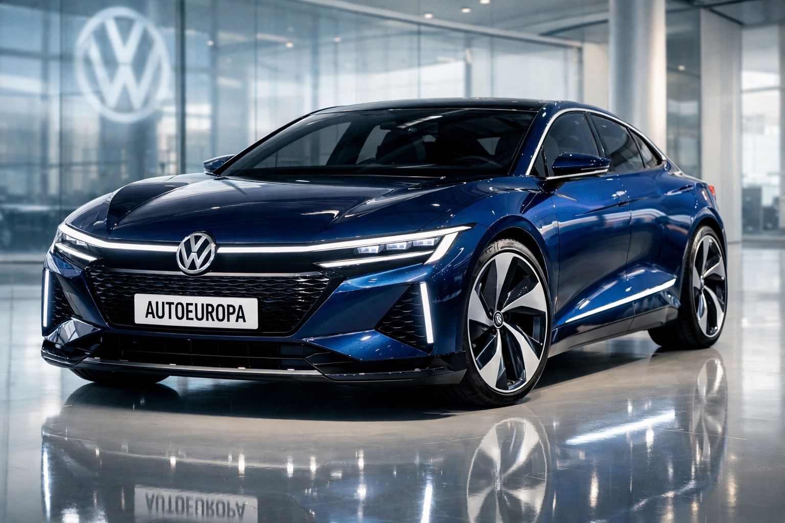 Carro elétrico Volkswagen azul metálico estacionado em showroom com reflexos no chão polido.