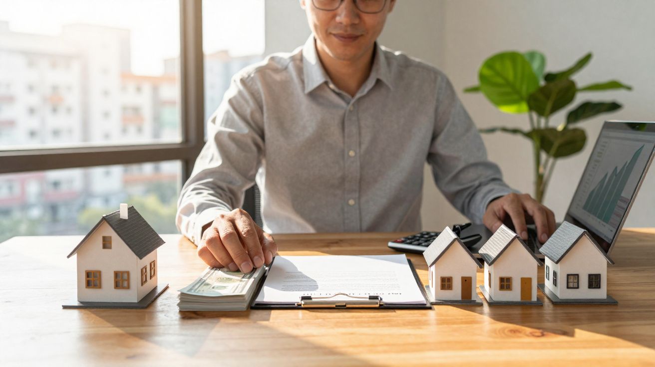 Homem a organizar notas junto a miniaturas de casas e documentos num escritório iluminado.