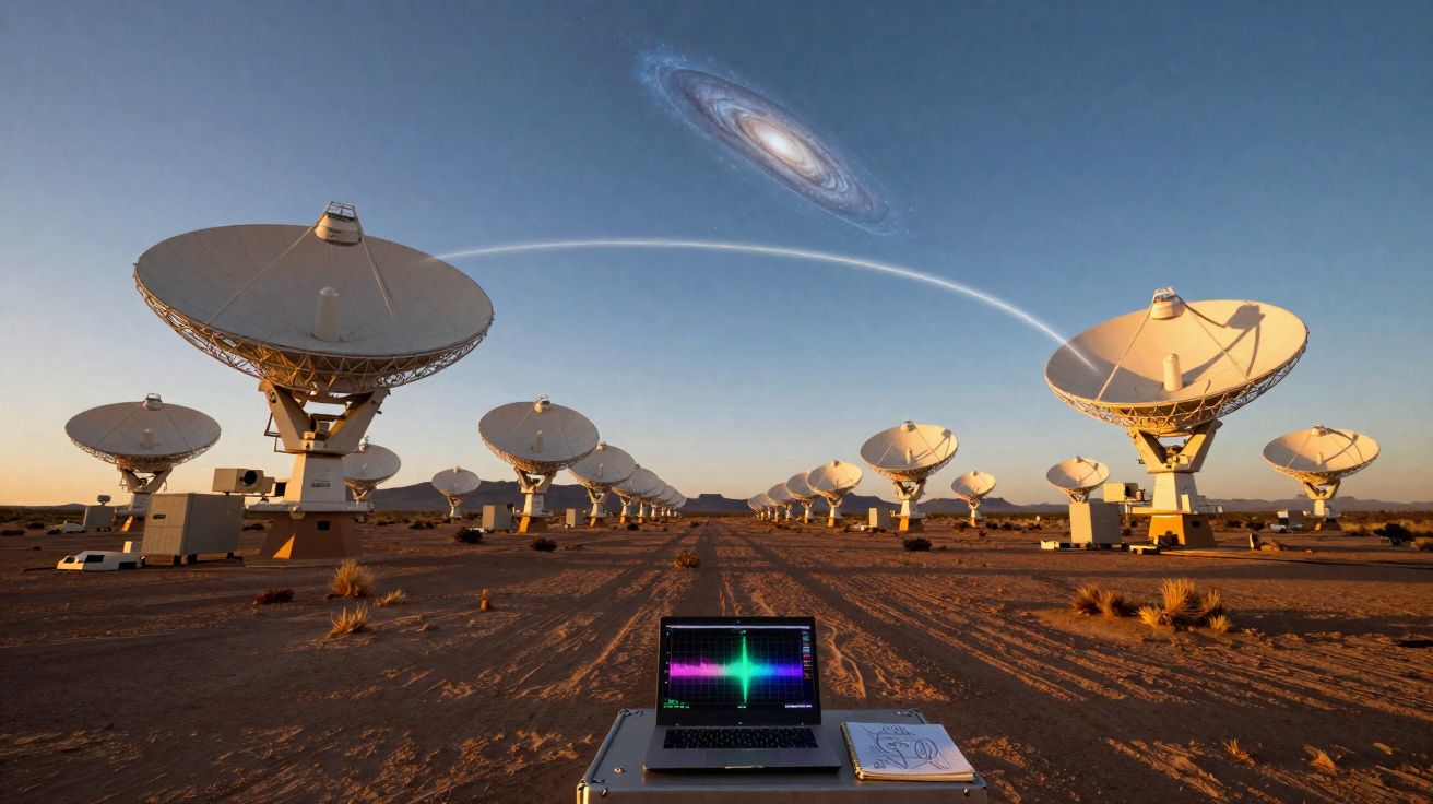 Antena de rádio telescópios no deserto com laptop e representação digital de uma galáxia no céu ao pôr do sol.