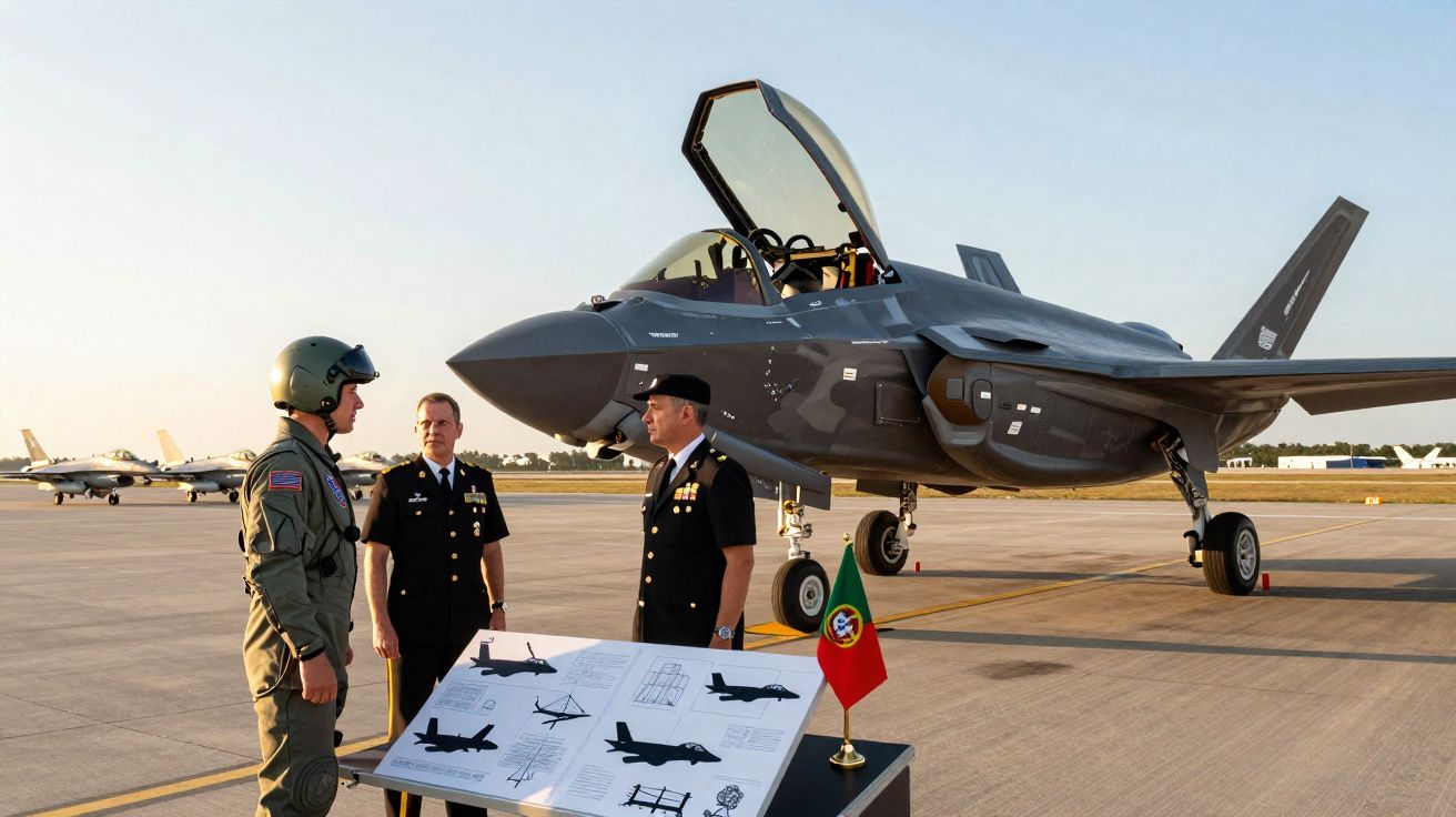 Militares junto a um caça F-35 estacionado em pista com bandeira de Portugal e painel explicativo.