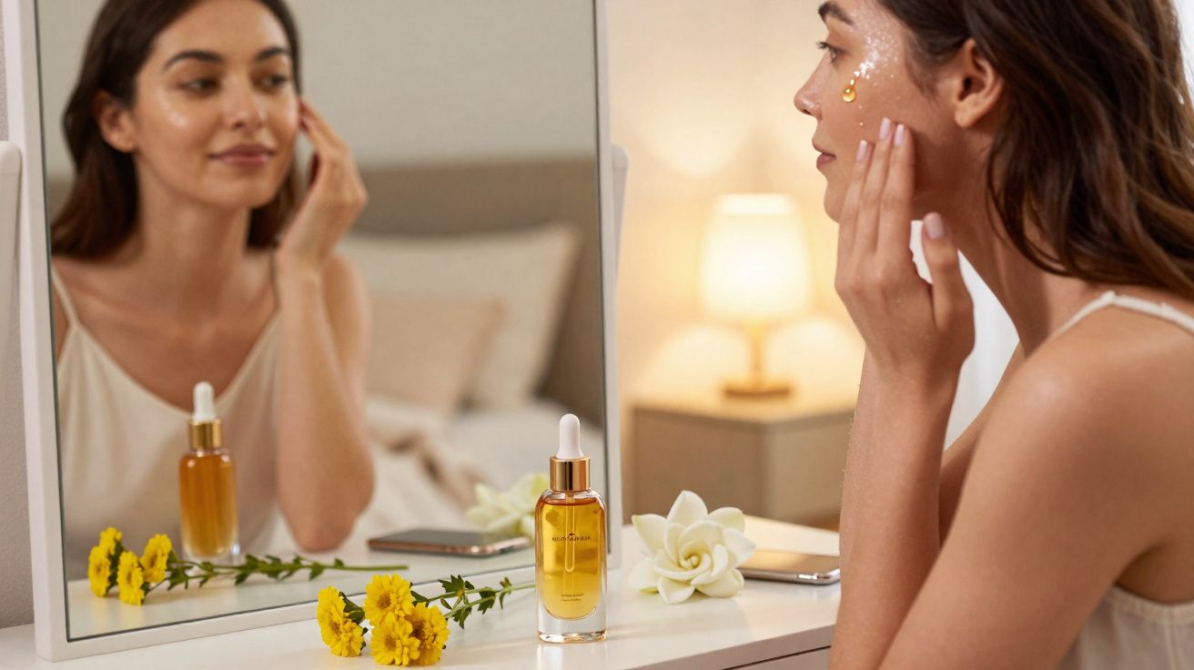 Mulher a aplicar sérum dourado no rosto em frente a um espelho, com flores amarelas e brancas na secretária.