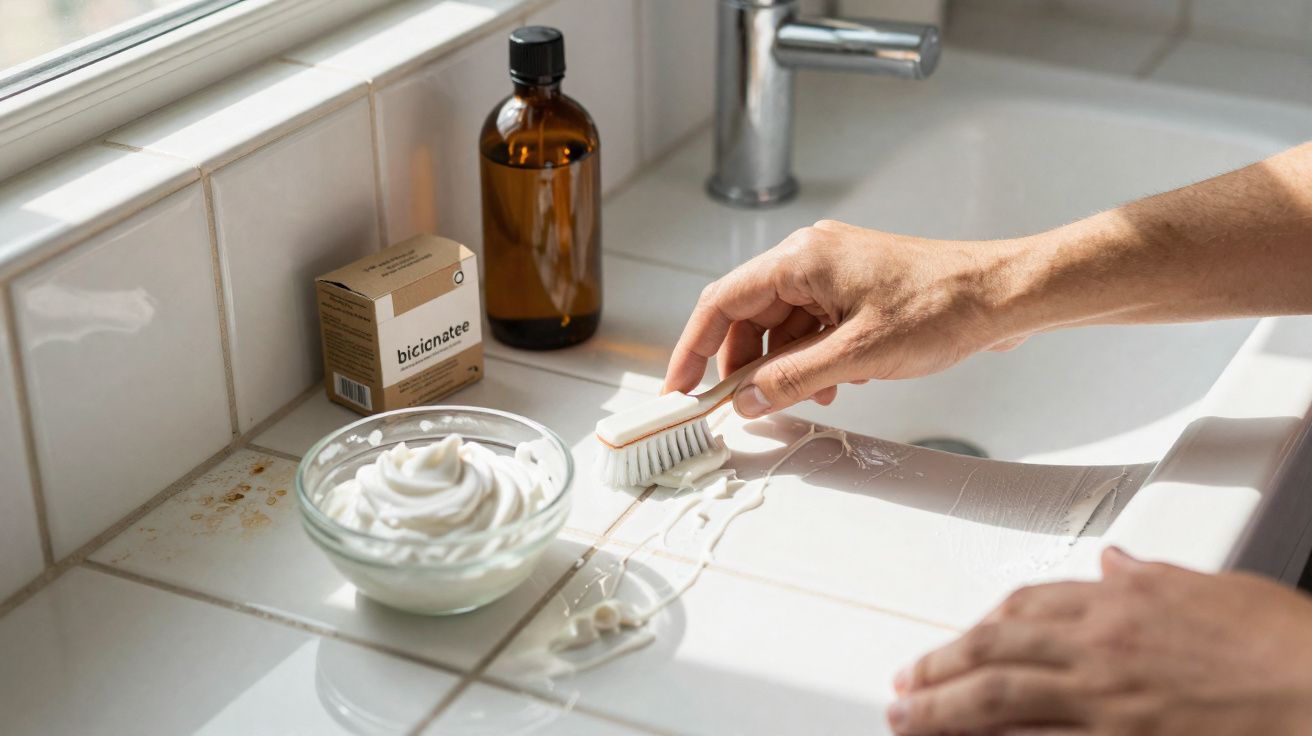 Mãos a limpar azulejos de uma casa de banho com escova, creme e produtos de limpeza num balcão branco.