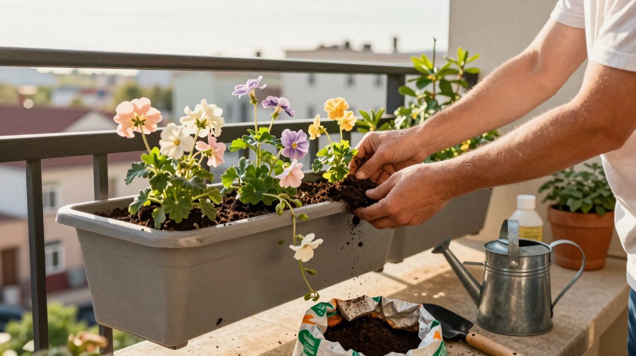 Pessoa a cuidar de flores coloridas numa varanda, com terra, regador e plantas ao fundo.